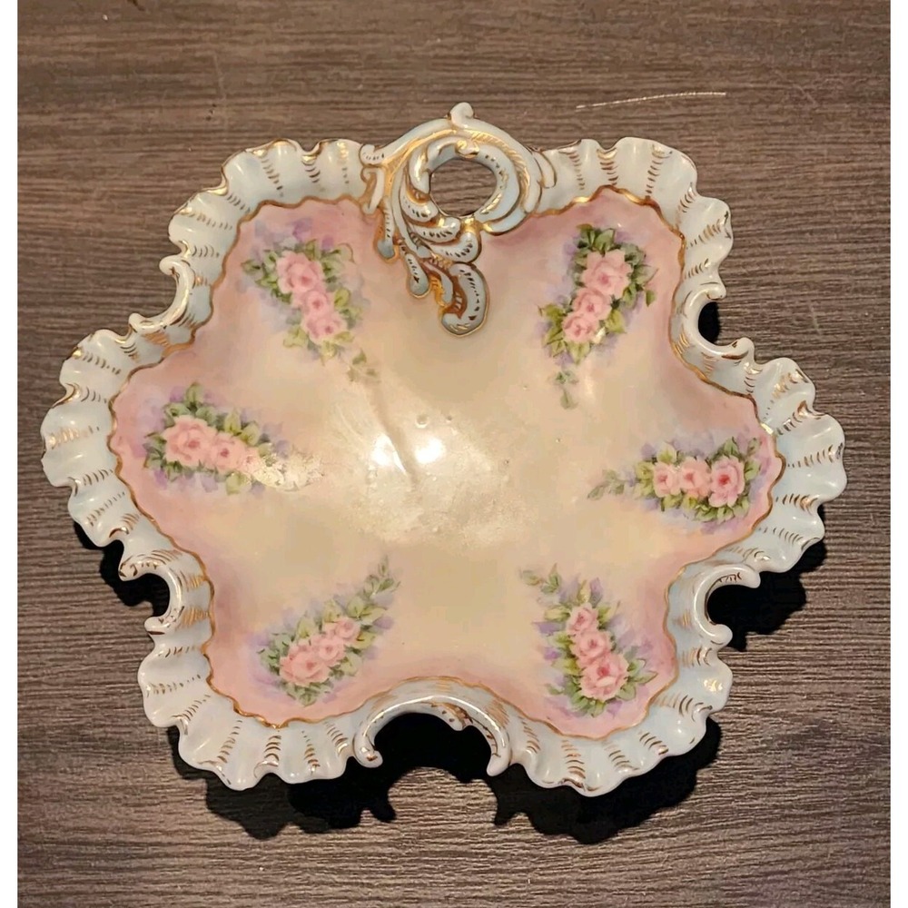 Scalloped Leaf Pattern Candy Jewelry Trinket Dish W/White & Gold Accenting Trim